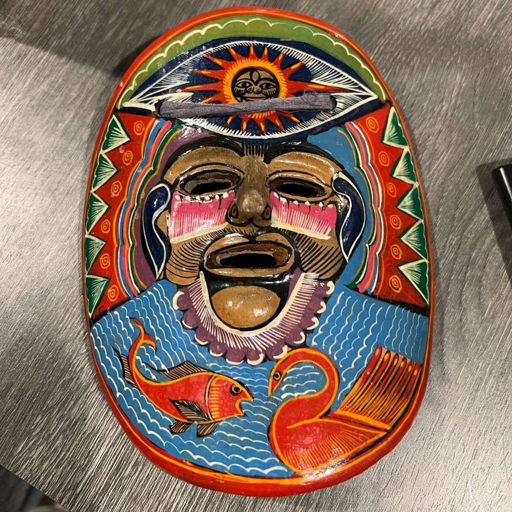 Vintage Handpainted Mexican Folk Art Terra Cotta Clay Mask